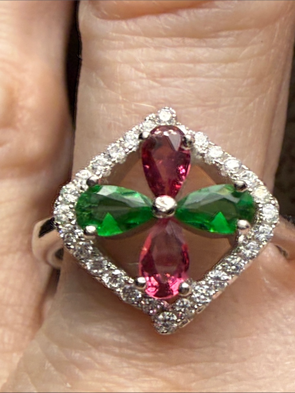 925 Sterling Silver Cocktail Ring Pink & Green Gemstones Moissanite Diamonds